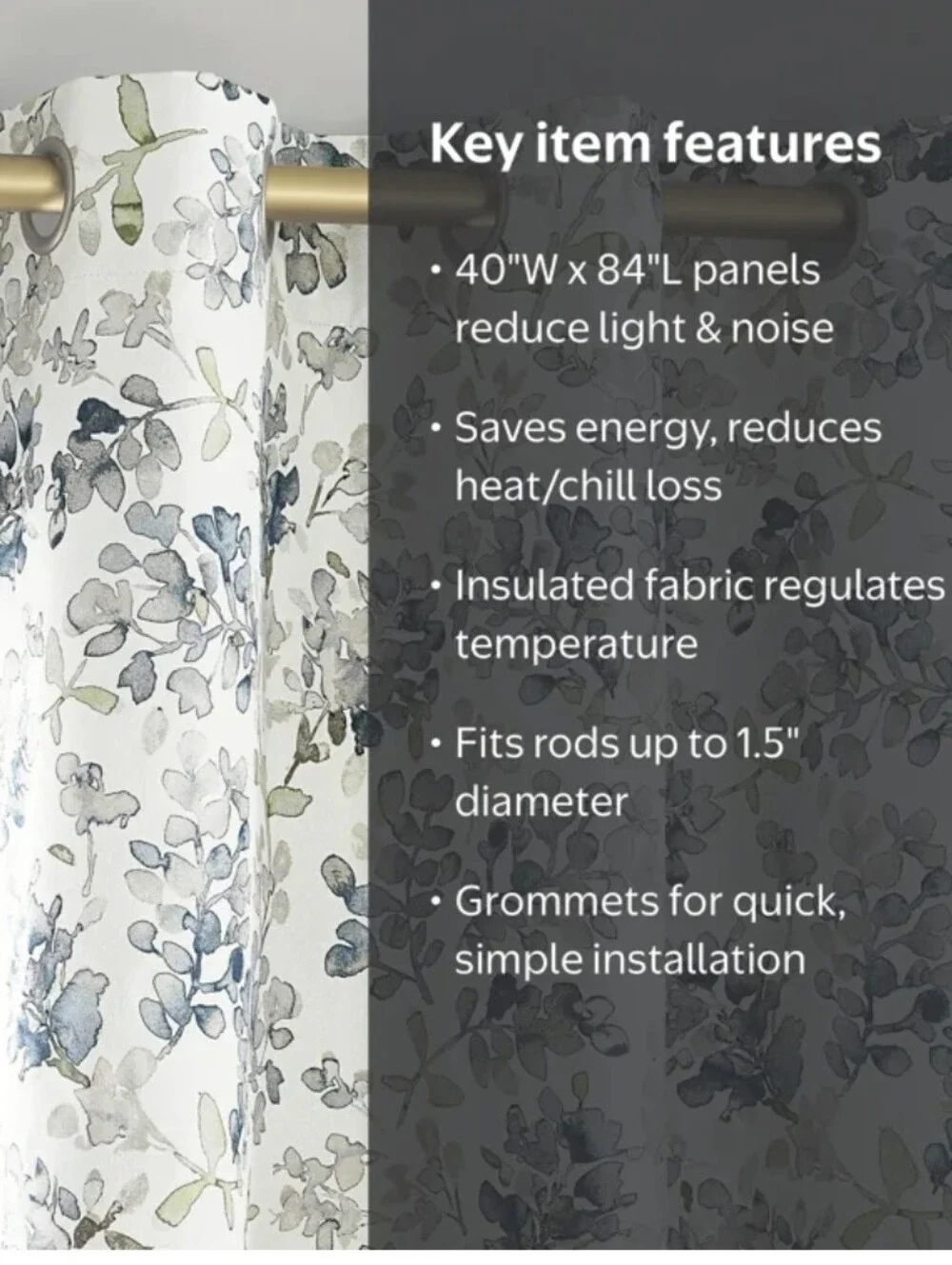 Sun Zero Room Darkening Grommet Curtains 2 Panels Gray Blue Floral